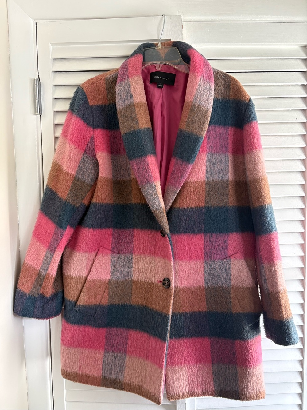 Ann Taylor Plaid Wool Blend Boucle Cocoon Coat- Size Large